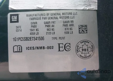 2014 Chevrolet Cruze 1Lt Auto z USA, uszkodzony, nr VIN 1G1PC5SB2E7341506